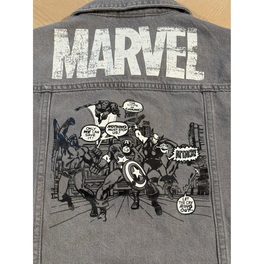 Marvel Denim Jacket Kids Size 6 Grey Excellent Avengers Comic Graphic Coat